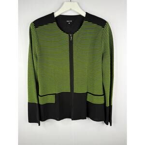 Misook Zip Front Cardigan Womens Sz L Green Black Stripe Contemporary Mature